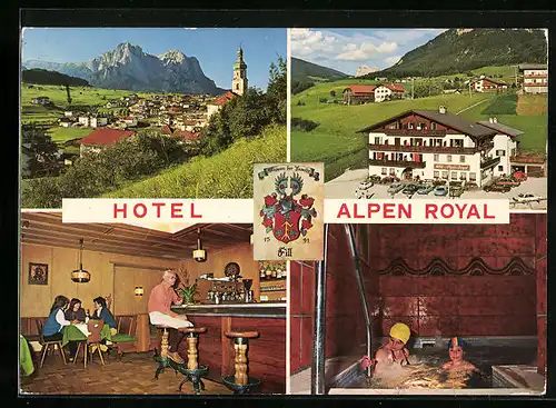AK Kastelruth, Hotel Alpen Royal, Innenschau, Ort und Umgebung, Wappen