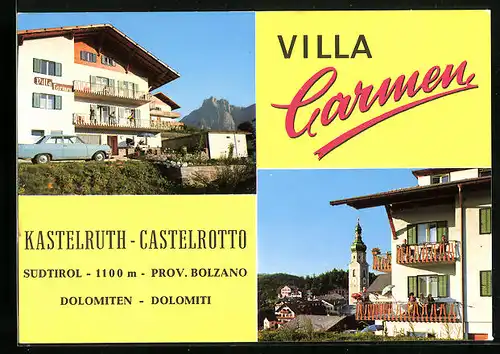 AK Kastelruth, Hotel Villa Carmen, Kirche mit Zwiebelturm