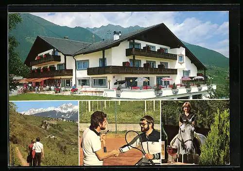 AK Dorf Tirol bei Meran, Pension Lisetta, Wanderer, Reiterin