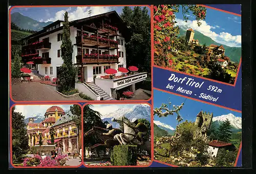 AK Dorf Tirol bei Meran, Hotel Hofer, Reiterdenkmal, Burg