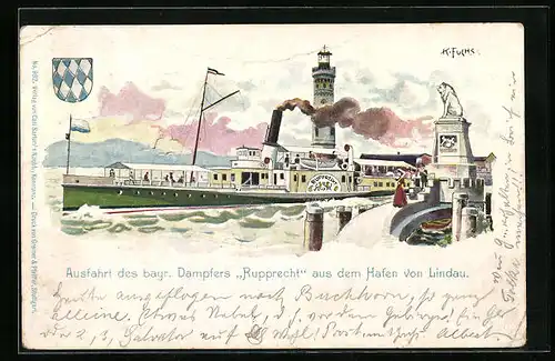 Lithographie Lindau, Hafenausfahrt des Bodensee-Dampfers Rupprecht
