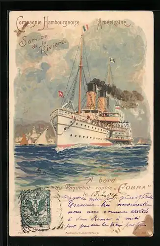 Lithographie Passagierschiff Cobra der H.-A.-Linie sticht in See