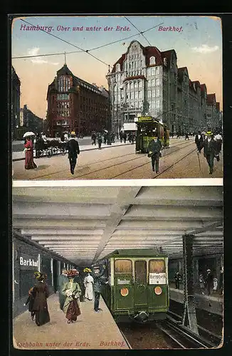 AK Hamburg, Barkhof mit Strassenbahn und U-Bahn