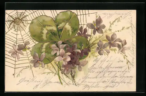 Künstler-AK Spinne im Netz hinter einem vierblättrigem Kleeblatt