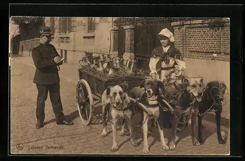 AK Flämische Milchfrau mit Hundegespann und Polizist auf der Strasse