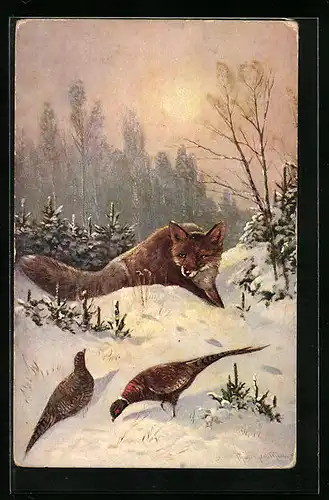 Künstler-AK Ein Fuchs belauert zwei Vögel im Schnee