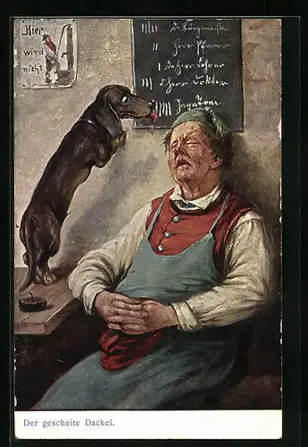 Künstler-AK Dackel neben schlafendem Wirt löscht die Tafelstriche mit der Zunge