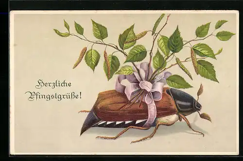 Lithographie Maikäfer mit rosa Schleife und Birkenzweigen um den Leib - Pfingstgruss