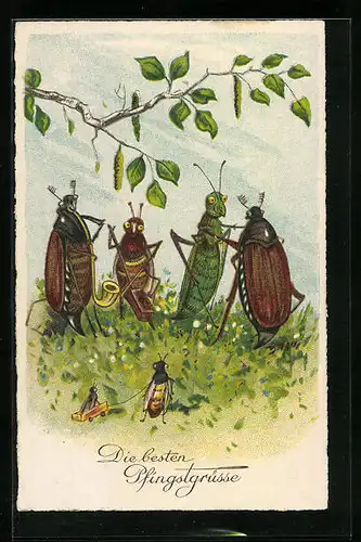 Lithographie Zwei Maikäfer feiern ein Fest mit einem Grashüpfer und einem weiteren Käfer - Pfingstgruss