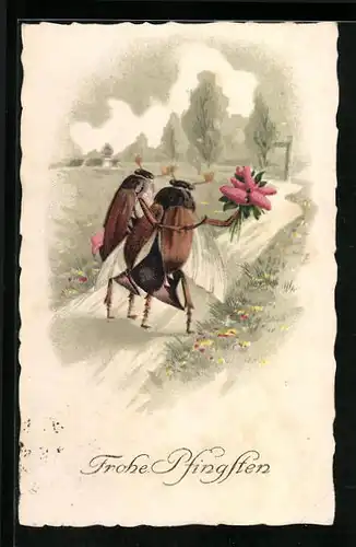 Künstler-AK Maikäferpaar mit Blumenstrauss auf einer Landstrasse - Pfingstgruss