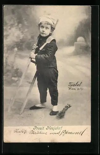 AK Prosit Neujahr, Kleiner Junge im Schornsteinfeger-Kostüm zum Neujahr