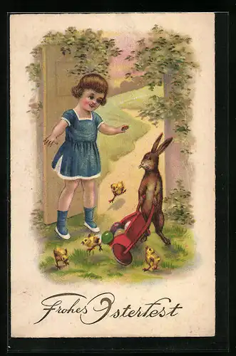 Künstler-AK Mädchen mit Osterhasen und Küken