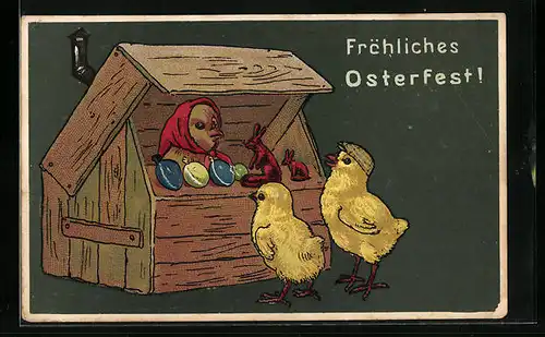 Präge-AK Osterküken mit Marktstand