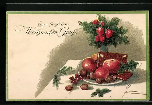 Künstler-AK Weihnachtsgruss mit Äpfeln und Lebkuchen
