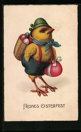 Künstler-AK Frohes Osterfest, Bepacktes Osterküken mit Hut und Eiern