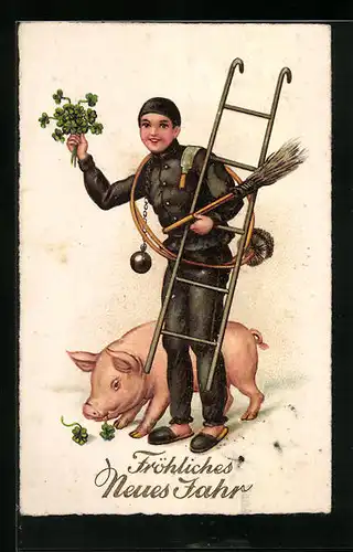 Künstler-AK Schornsteinfeger mit Kleeblatt und Glücksschwein zum neuen Jahre