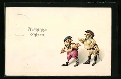 Künstler-AK Fröhliche Ostern, Osterküken in Uniform
