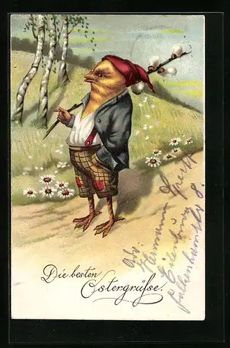 Künstler-AK Osterküken mit Palmkätzchenzweig