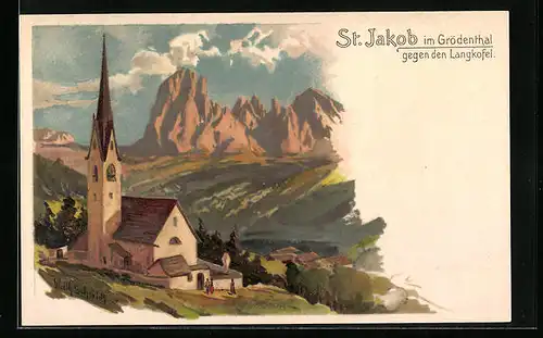 Lithographie St. Jakob im Grödenthal, Kirche gegen den Langkofel