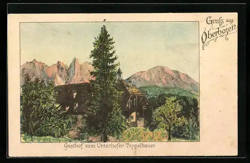 Lithographie Oberbozen, Gasthof zum Unterhofer Toppelbauer