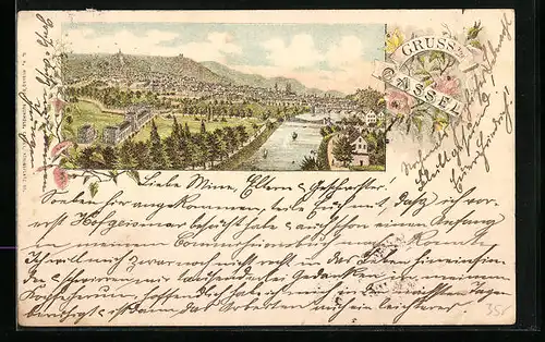 Vorläufer-Lithographie Cassel, 1895, Fernblick auf die Stadt