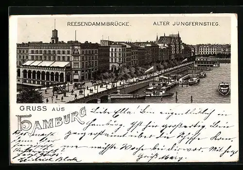Vorläufer-Lithographie Hamburg, 1895, Reesendammbrücke und Alter Jungfernstieg