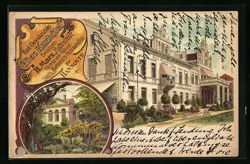 Lithographie Bad Oeynhausen, Das Kurhotel - Garten- und Strassenansicht