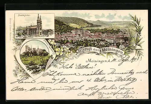 Lithographie Meiningen, Totalansicht, Stadtkirche, Schloss Landsberg