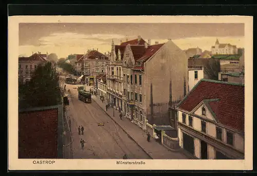 AK Castrop, Münsterstrasse mit Strassenbahn aus der Vogelschau