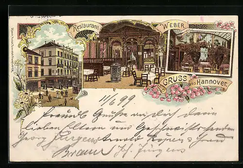 Lithographie Hannover, Gasthaus Weber - Gebäude- und Innenansichten