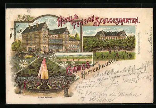 Lithographie Herrenhausen, Hotel Pension Schlossgarten, Gartenpartie, Fontaine Lumineuse