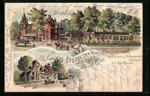 Lithographie Hannover, Gasthaus Pferdethurm - Ansicht mit Strassenbahn und Garten, Ansicht Anno 1868