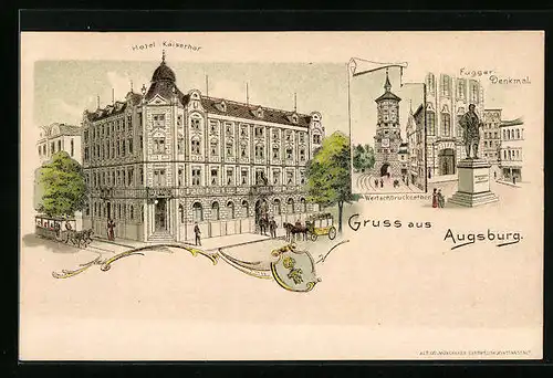 Lithographie Augsburg, Hotel Kaiserhof mit Postkutsche, Fugger-Denkmal, Wappen