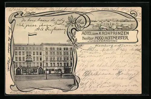 Künstler-AK Hamburg-Neustadt, Hotel zum Kronprinzen am Jungfernstieg, Alsterschwäne