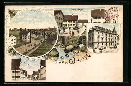 Lithographie Wörishofen, Hauptstrasse mit Gasthof Rössle, Gasthof Adler, Kurhaus