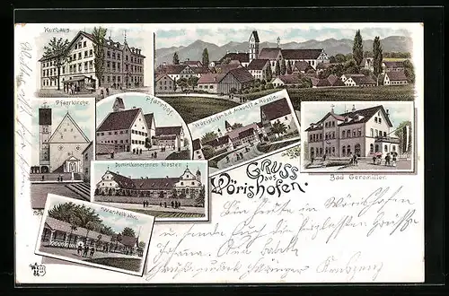 Lithographie Wörishofen, Kurhaus, B. d. Ankunft am Gasthaus Rössle, Pfarrkirche