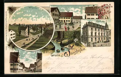 Lithographie Wörishofen, Strassenpartie mit Gasthaus zum Rössle, Kurhaus, Uferpartie