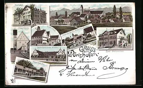 Lithographie Wörishofen, Kurhaus, B. d. Ankunft am Gasthaus Rössle, Pfarrkirche