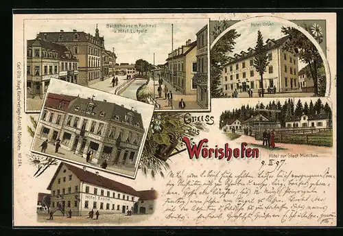 Lithographie Wörishofen, Bachstrasse mit Kurhaus und Hotel Luitpold, Hotel Urban, Hotel zur Stadt München