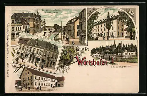 Lithographie Wörishofen, Bachstrasse mit Kurhaus und Hotel Luitpold, Hotel Urban, Hotel zur Stadt München