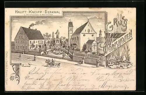 Lithographie Wörishofen, Haupt-Kneipp-Denkmal und Denkmalplatz