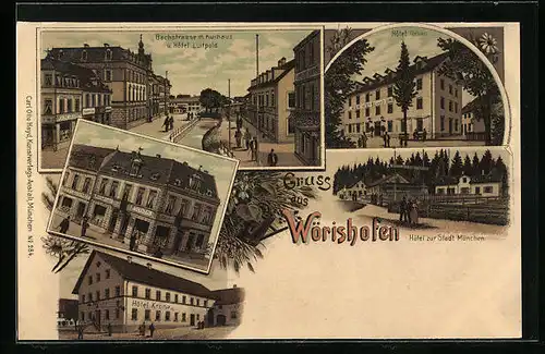 Lithographie Wörishofen, Bachstrasse mit Kurhaus u. Hotel Luitpold, Hotel Urban, Hotel zur Stadt München