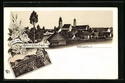 Lithographie Wörishofen, Teilansicht mit Kirche, Ortspartie