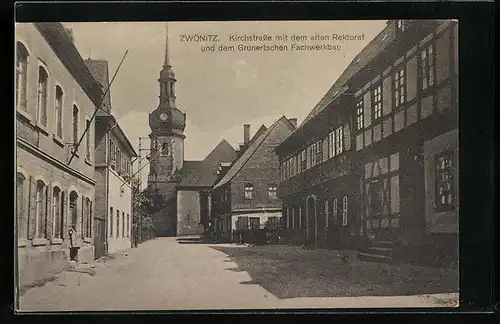 AK Zwönitz, Kirchstrasse mit dem alten Rektorat und dem Grunertschen Fachwerkbau