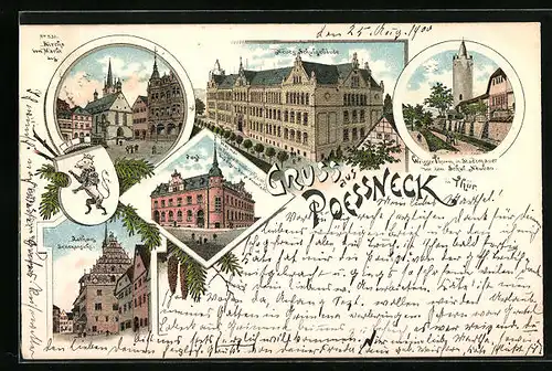 Lithographie Poessneck, Weisser Turm mit Stadtmauer vor dem Schulneubau, Post, Rathaus Seitenansicht