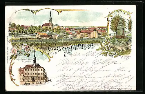 Lithographie Radeberg, Restaurant zum Ratskeller, Krieger-Denkmal, Teilansicht