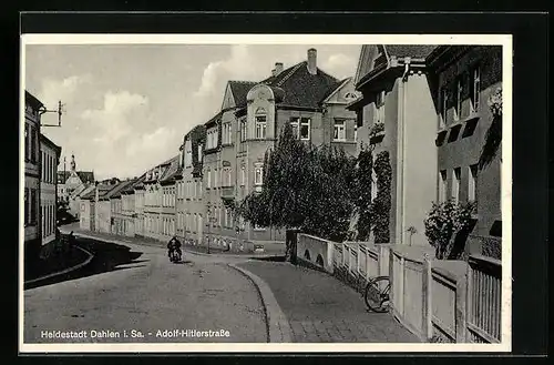 AK Dahlen i. Sa., strasse mit Motorradfahrer
