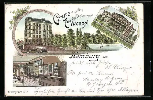 Lithographie Hamburg, Restaurant Wenzel mit Innenansicht