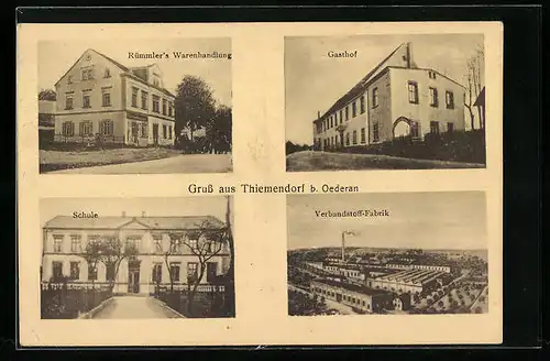 AK Thiemendorf b. Oederan, Gasthof, Schule, Verbandstoff-Fabrik, Rümmler`s Warenhandlung
