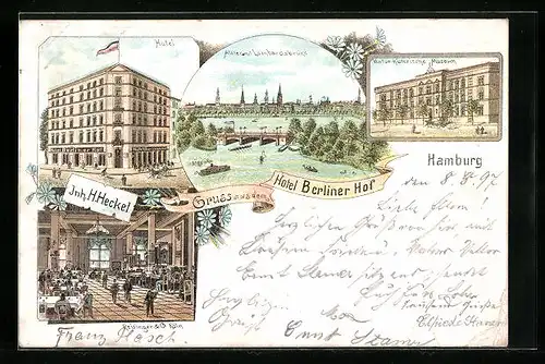 Lithographie Hamburg-St.Georg, Hotel Berliner Hof mit Innenansicht